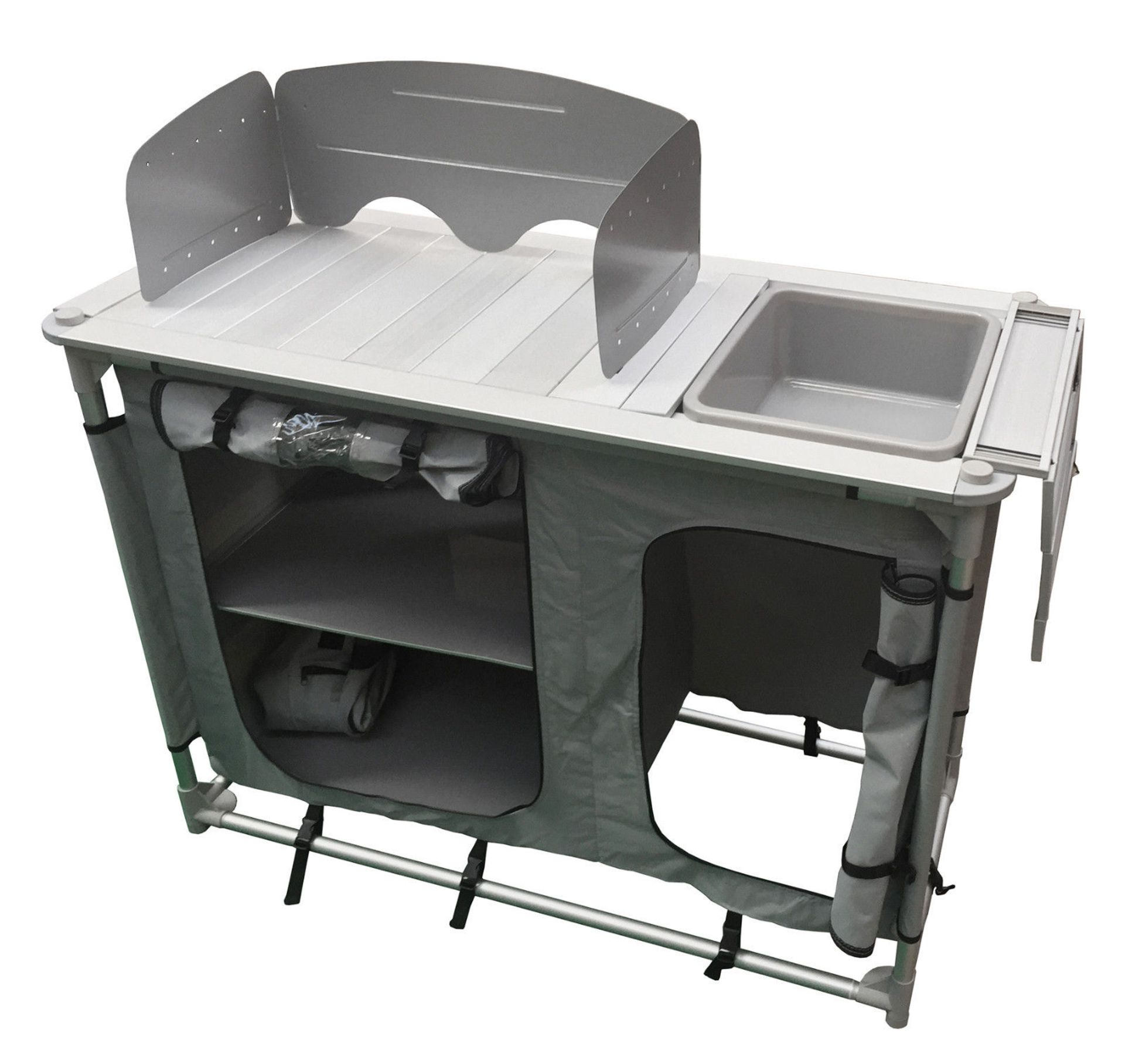 ALUMINIUM DOUBLE CAMPING CUPBOARD WITH SINK - QTY: 1 Weighing only 9kgs it is supplied in a carry