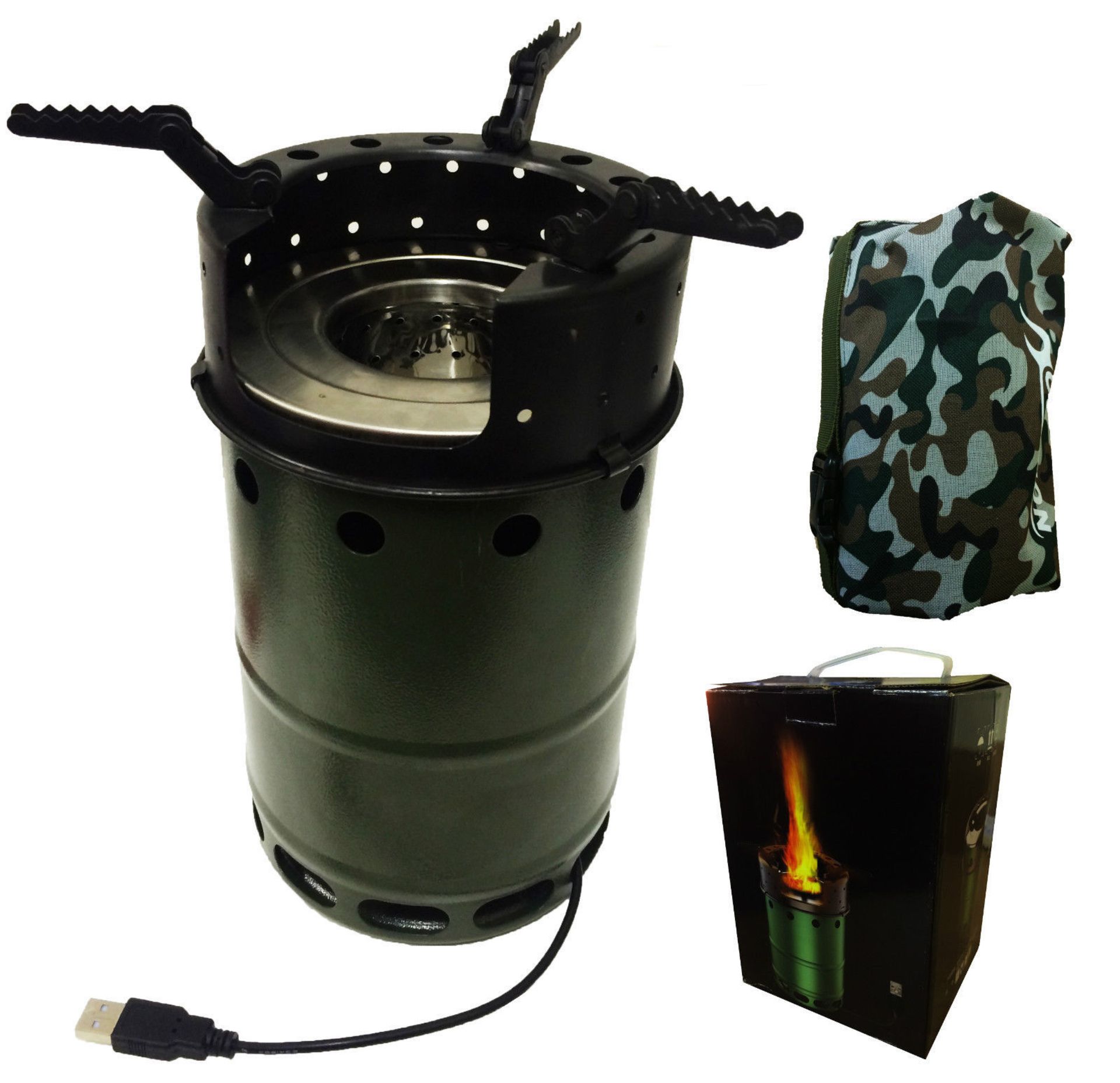 BIOMASS WOOD BURNING STOVE WITH USB - QTY: 1 An environmentally friendly stove that burns wood chips