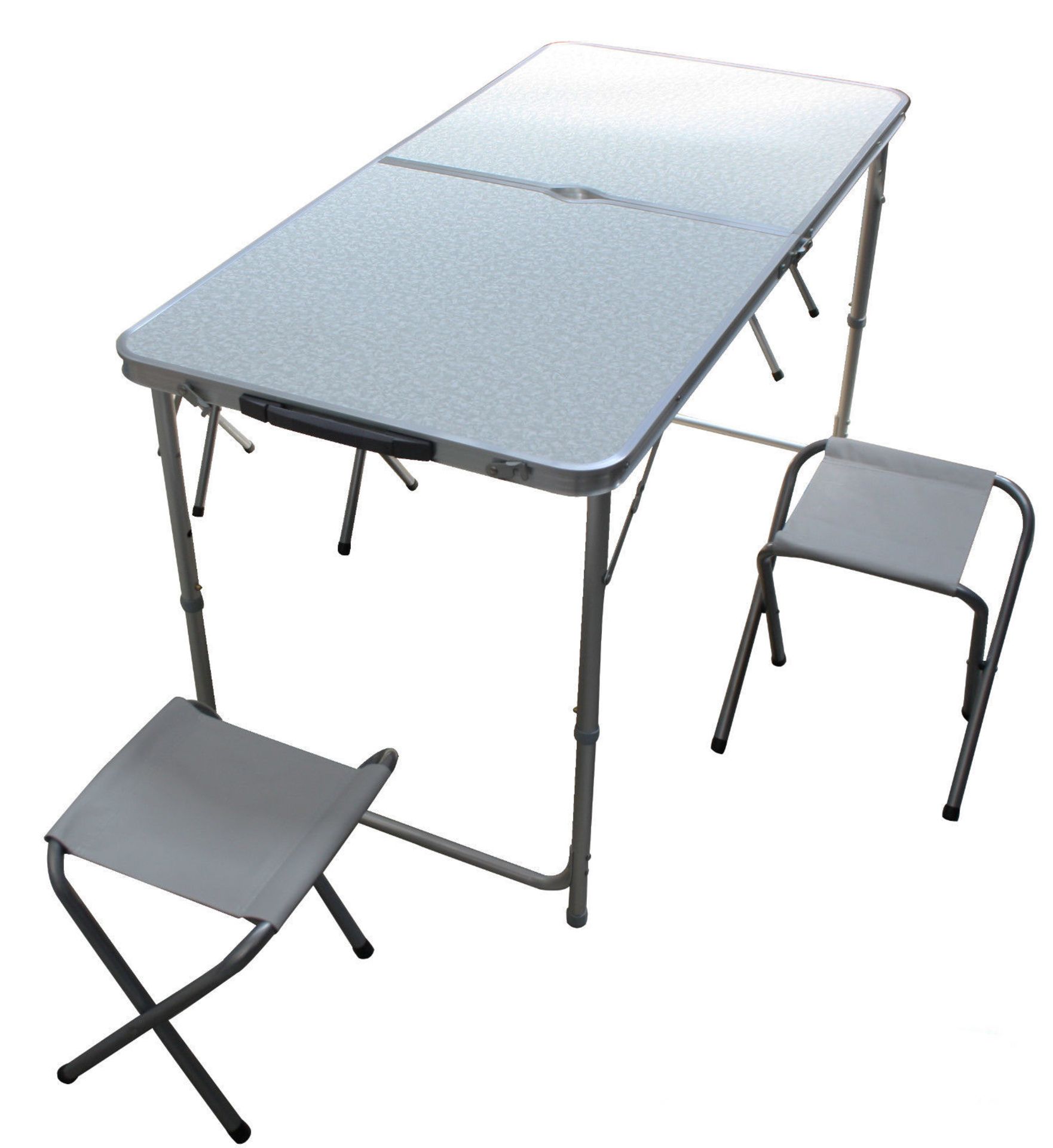 FOLDING ADJUSTABLE PICNIC TABLE WITH 4 STOOLS - QTY: 1 Aluminium legs with MDF top. Size: 120cm x