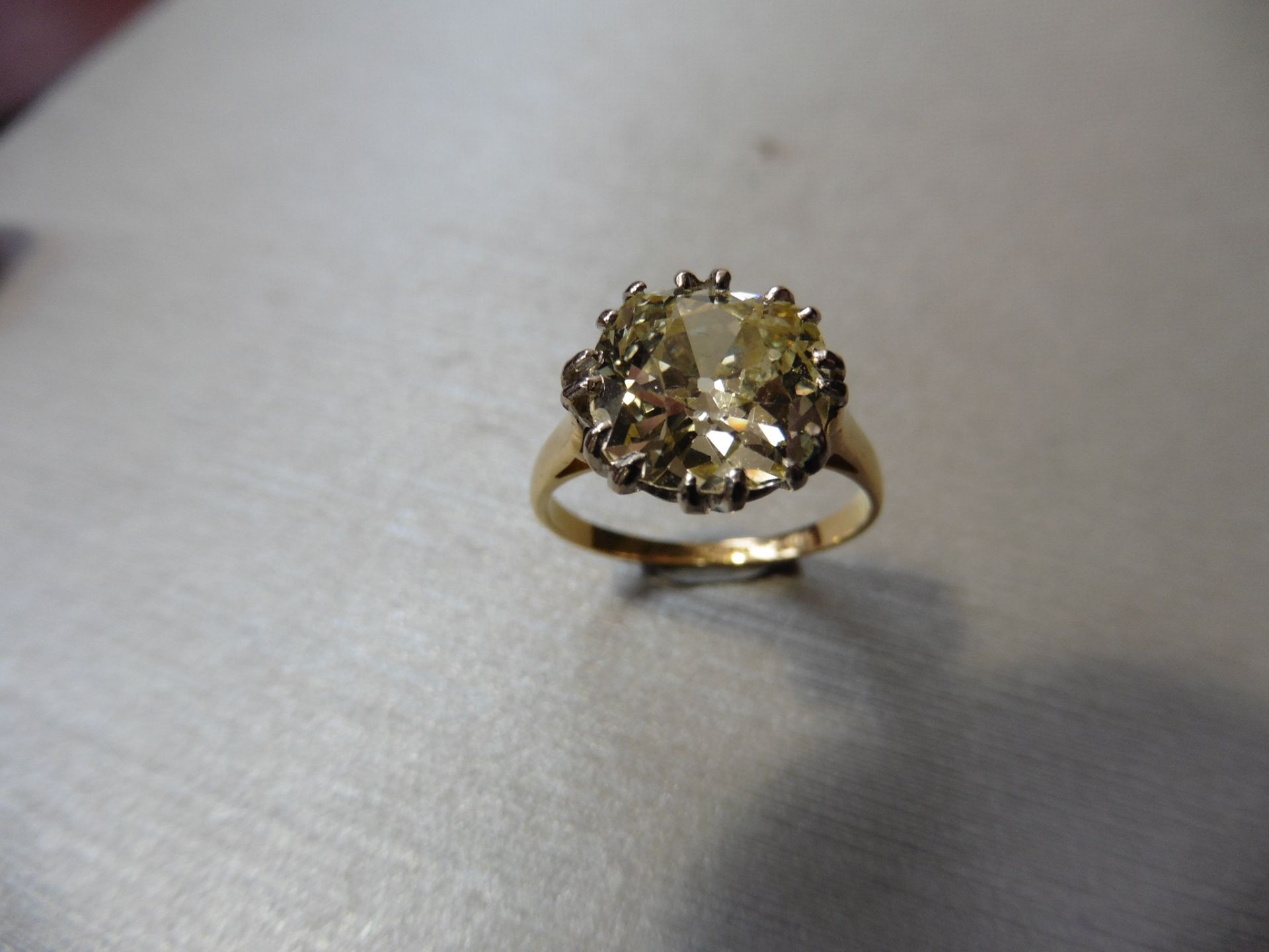 3.43ct solitaire ring. Set with an old cut diamond, fancy yellow colour, VS clarity. 16 (Double) - Image 5 of 6
