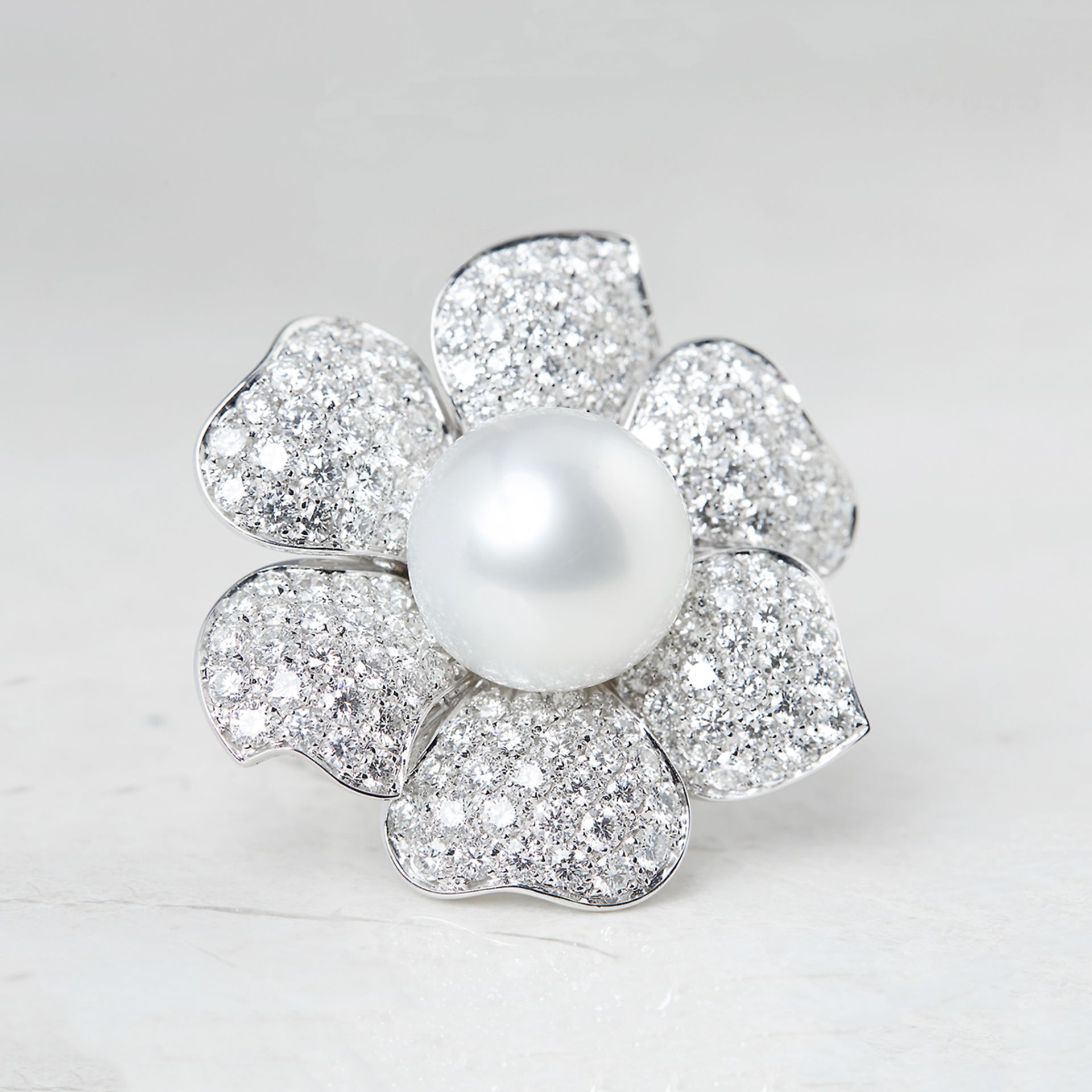 Picchiotti 18k White Gold South Sea Pearl & 7.80ct Diamond Flower Ring