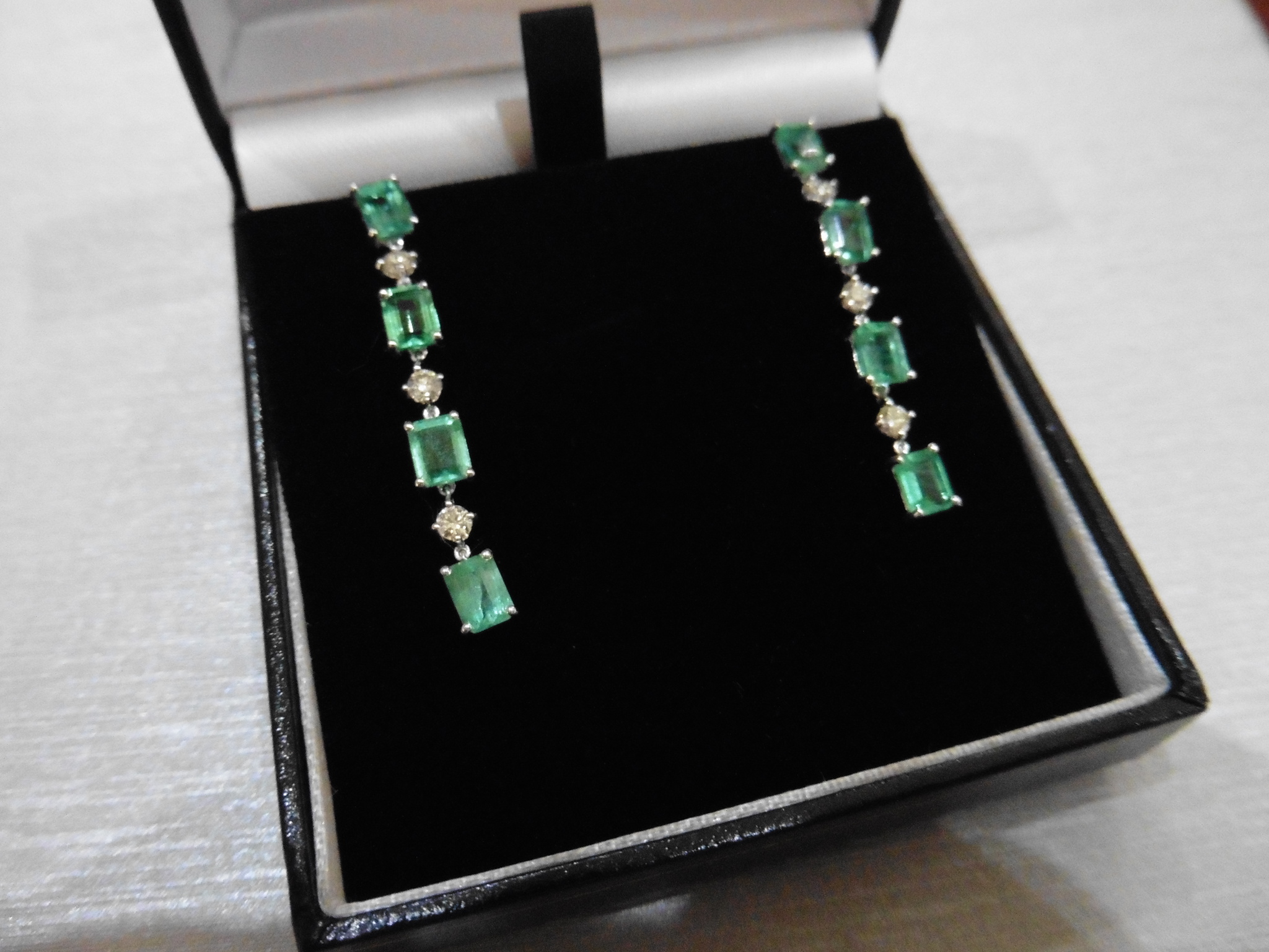 3ct emerald and diamond drop earrings. Each set with 4 emerald cut emeralds and 3 brilliant cut - Image 4 of 5