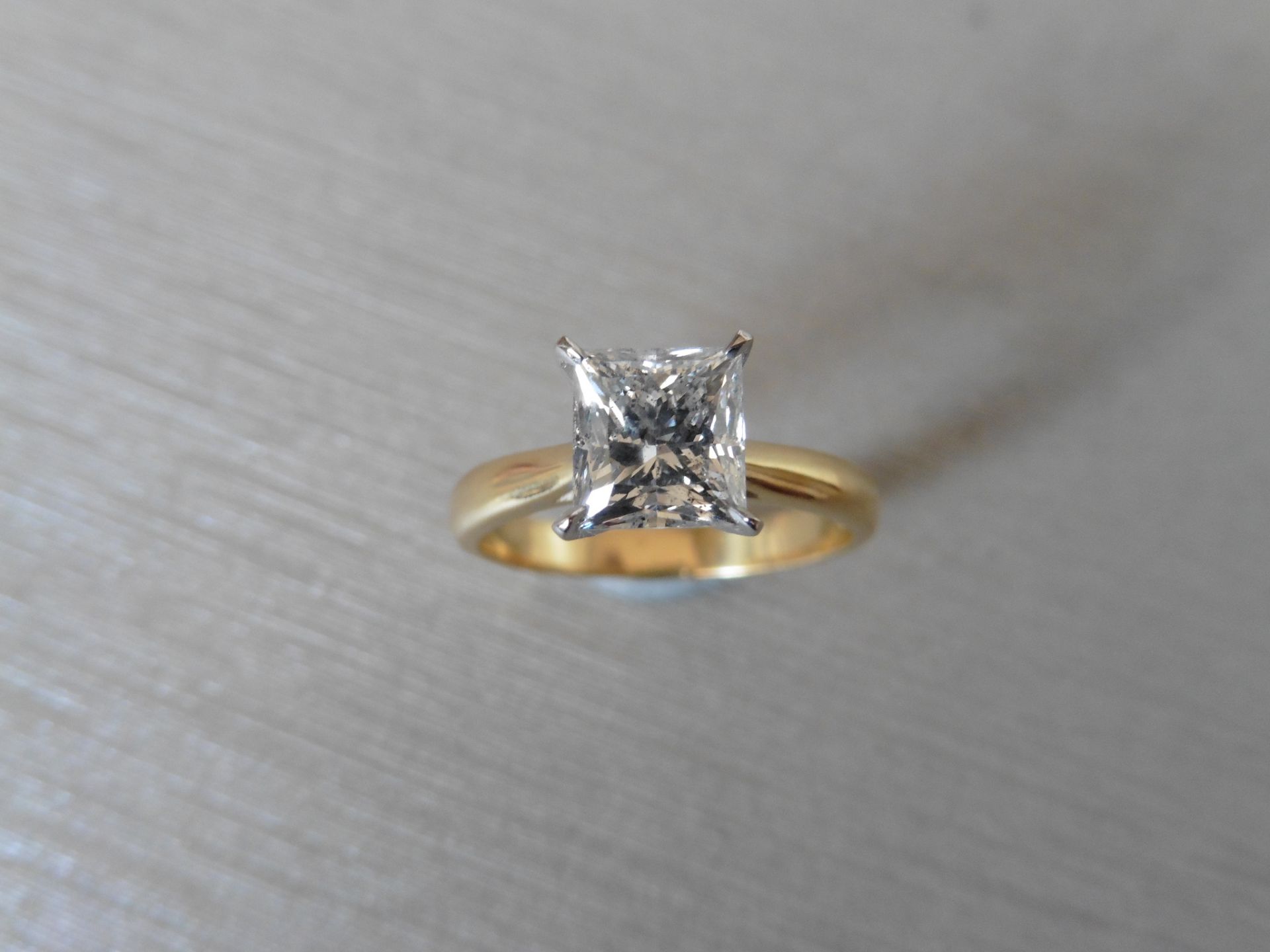 1.63ct single princess cut diamond. G colour and si3 clarity. Set in 18ct gold ring size M. WGI - Image 4 of 5