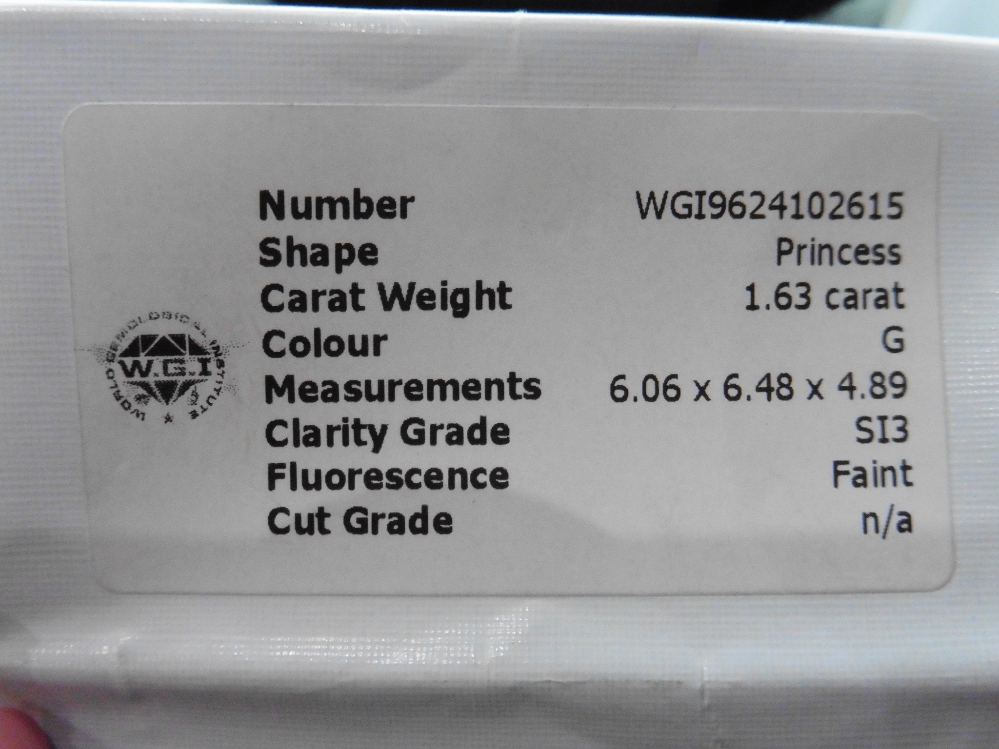 1.63ct single princess cut diamond. G colour and si3 clarity. Set in 18ct gold ring size M. WGI - Image 5 of 5