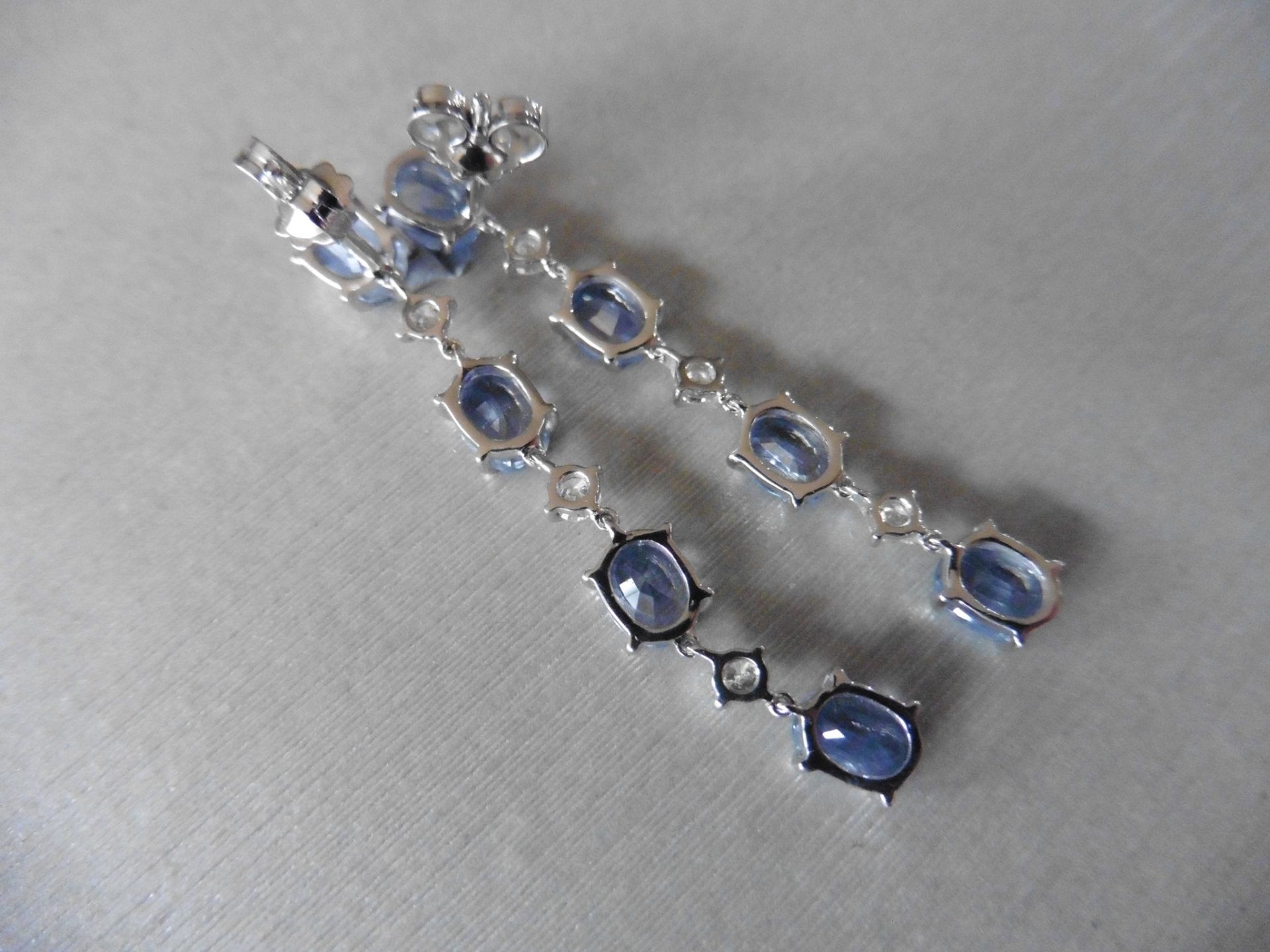 3ct ceylon sapphire and diamond drop earrings. Each set with 4 oval cut sapphires and 3 brilliant - Image 2 of 5