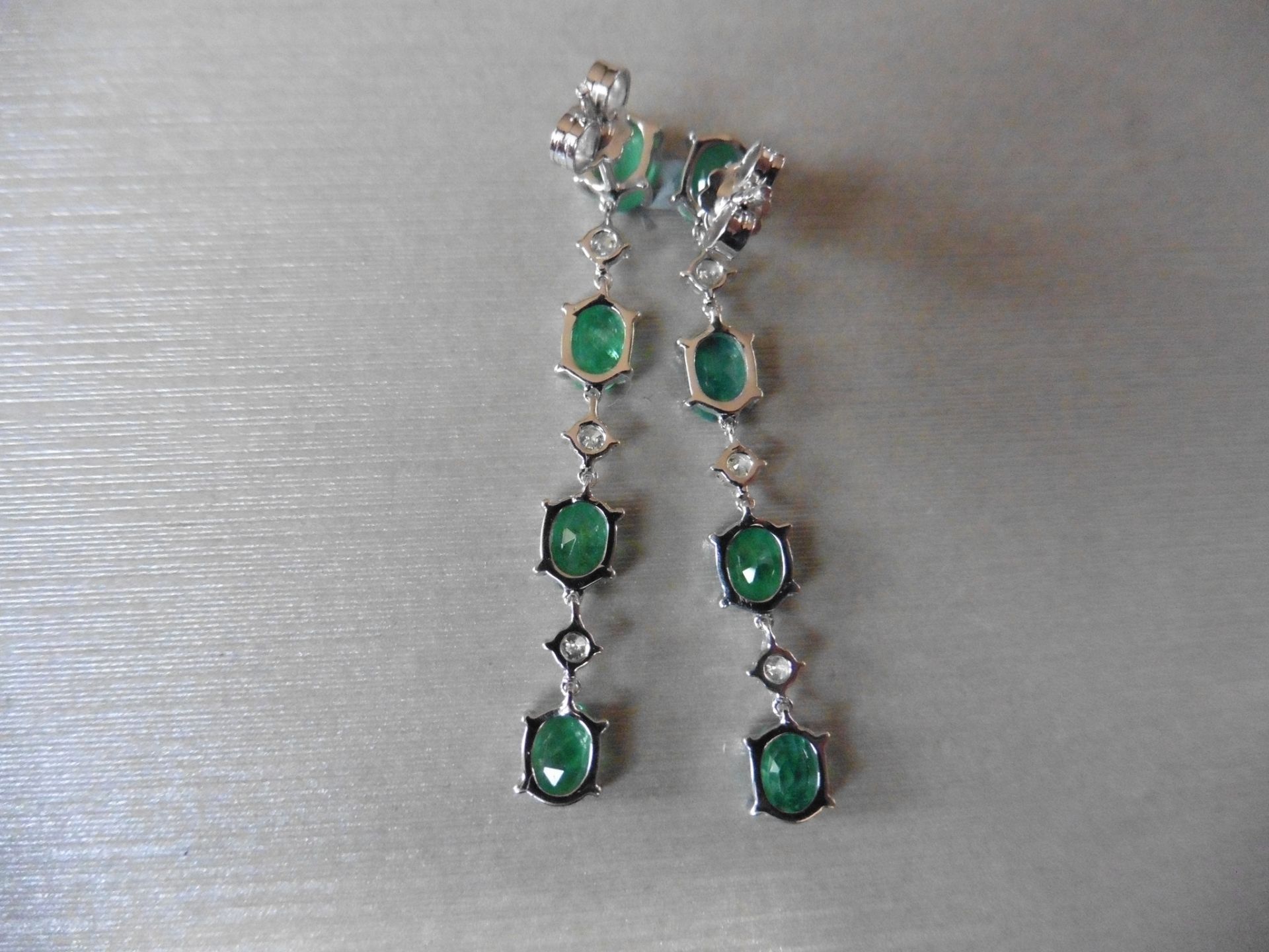 3ct emerald and diamond drop earrings. Each set with 4 oval cut emeralds and 3 brilliant cut - Image 2 of 5