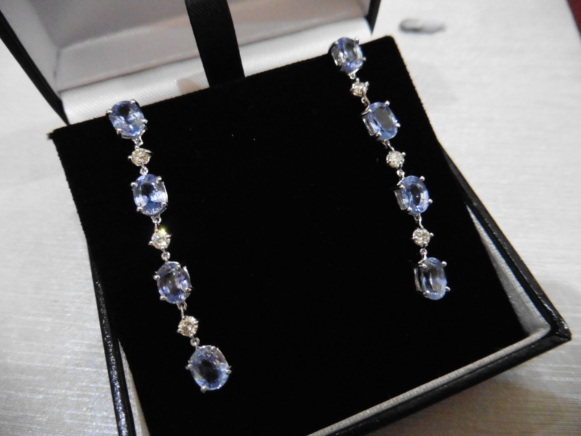 3ct ceylon sapphire and diamond drop earrings. Each set with 4 oval cut sapphires and 3 brilliant - Image 4 of 5