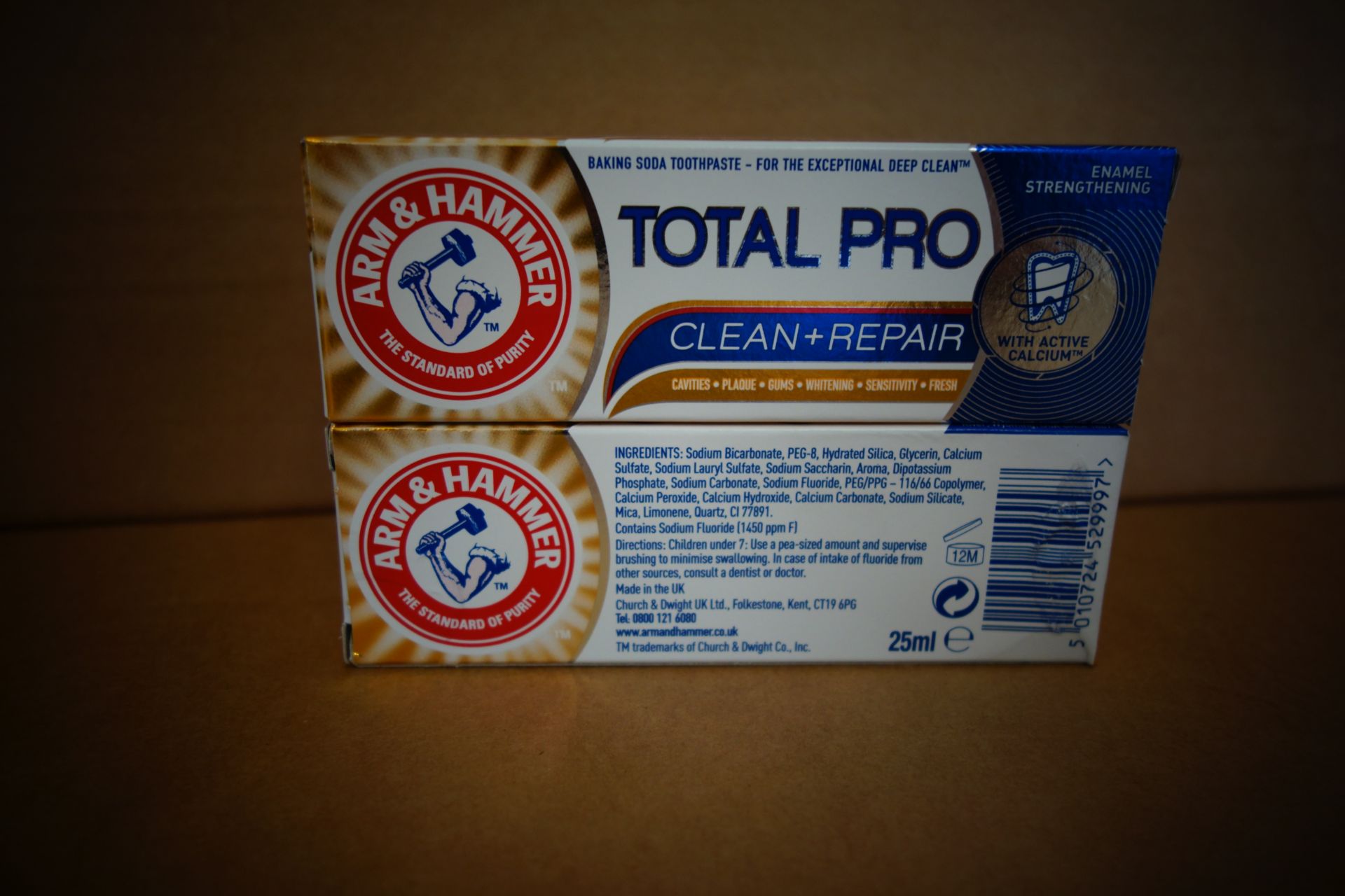144 x Arm & Hammer Total Pro Clean + Repair Toothpaste 25ml. Suitable for use up to 12 months from