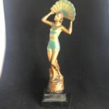 PAINTED METAL ART DECO FIGURINE. Woman with fan on wooden plinth. Slight damage to one wrist as