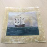 Painting of galleon on parchment. Indistinct signature bottom left. 27cm x 34cm. Includes free UK
