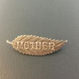 STERLING SILVER ART DECO LEAF DESIGN "MOTHER" BROOCH. Stamped silver on the reverse. Includes free