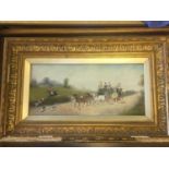 British School painting, a coaching scene with fox hounds, oils on board, 18cm x 38cm. Framed -
