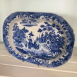 19th Century Blue and White Transferware Meat Dish. Unidentified chinoiserie pattern. In good