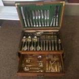 Large oak cutlery canteen with drawer together with 47 various pieces of antique silver plate