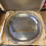 Vintage Viners silver plate salver in original box. The salver having a diameter of 37cm. Includes