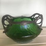 Early 20th Century green irridescent glass baluster shaped bowl with Art Nouveau style pewter