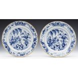 PAIR ANTIQUE DUTCH DELFT BLUE AND WHITE FLORAL DESIGN PLATES 18TH C.