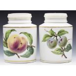 ANTIQUE PAIR PARIS PORCELAIN CONSERVE JARS & COVERS WITH FRUIT 19TH C.