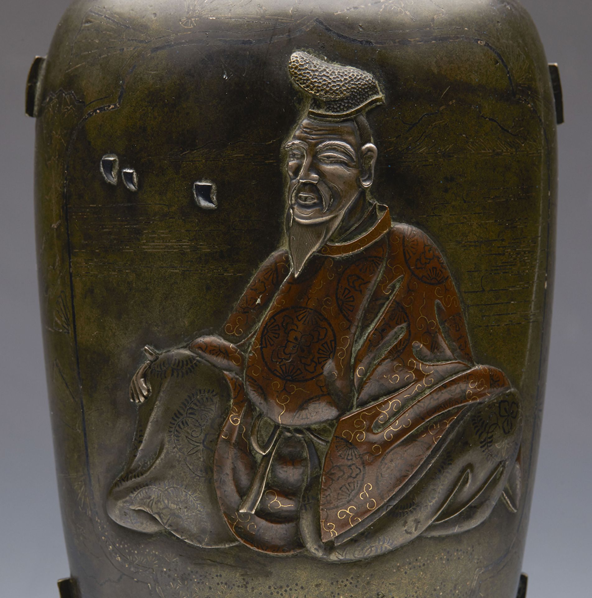 ANTIQUE JAPANESE MEIJI INLAID BRONZE VASE APPLIED WITH FIGURES - Bild 4 aus 8