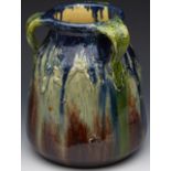 ART NOUVEAU BELGIAN ART POTTERY DRIP GLAZE THREE HANDLED VASE C.1900