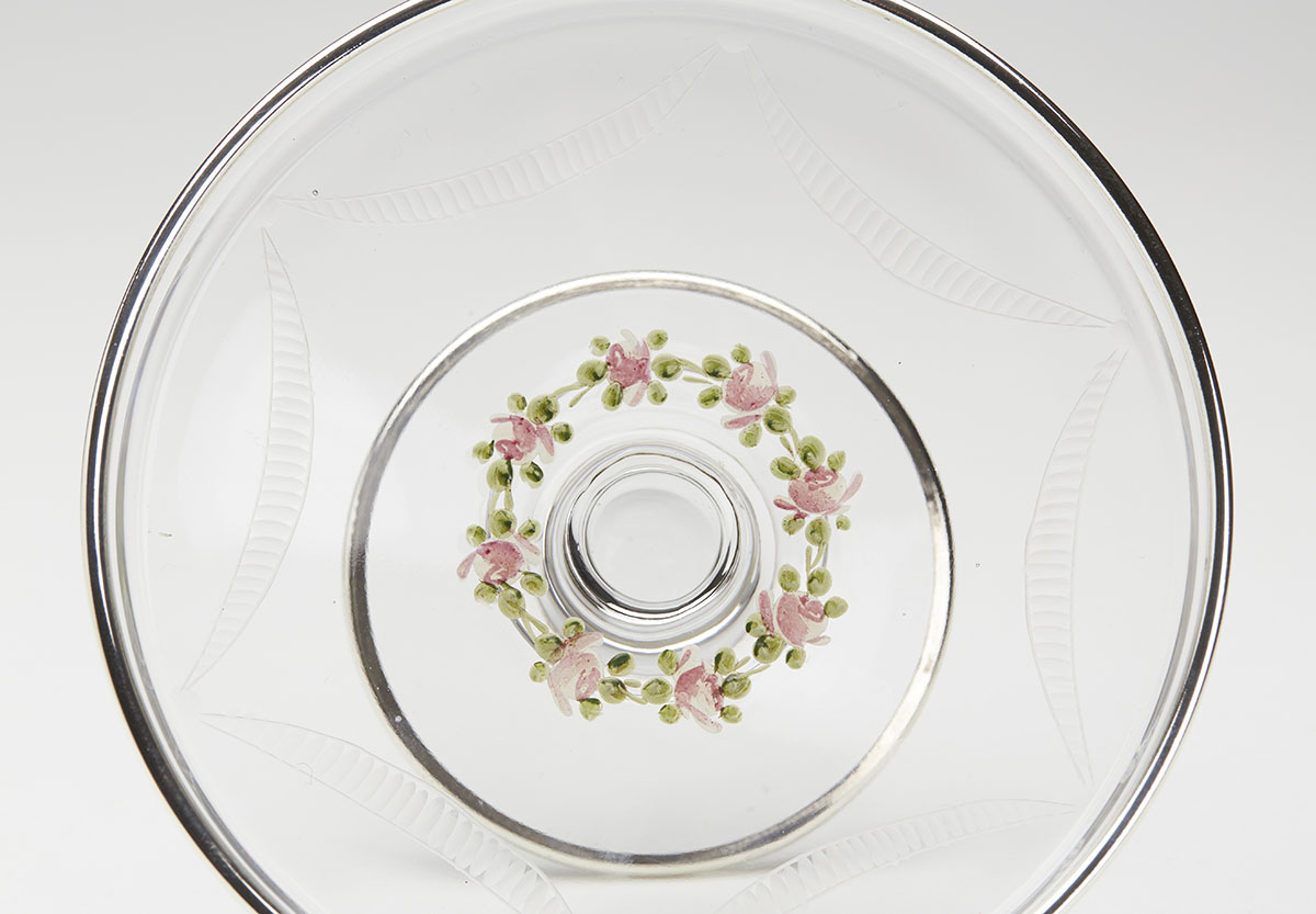 ANTIQUE SILVER OVERLAY FLORAL ENAMEL GLASS TAZZA 19TH C. - Image 5 of 6