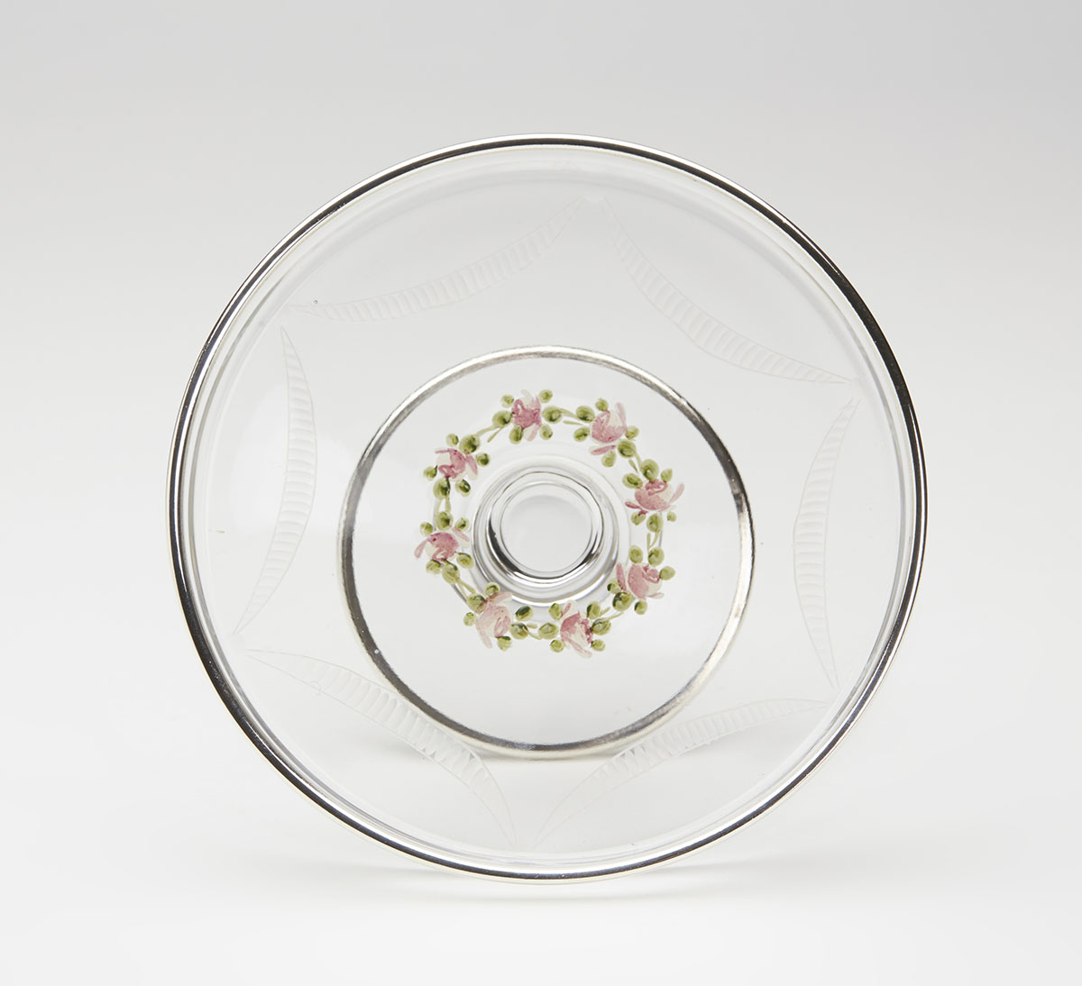 ANTIQUE SILVER OVERLAY FLORAL ENAMEL GLASS TAZZA 19TH C. - Image 2 of 6