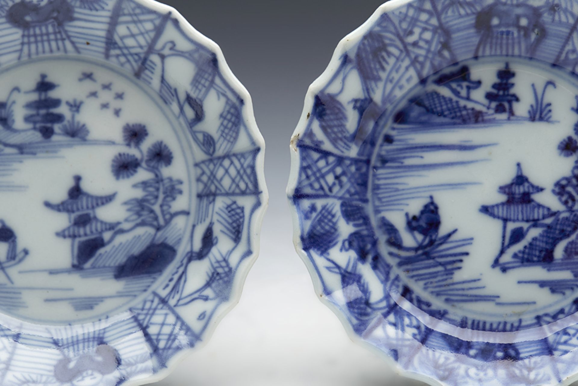 PAIR ANTIQUE CHINESE QIANLONG PICKLE DISHES WITH WATERY LANDSCAPES 18TH C. - Image 3 of 8