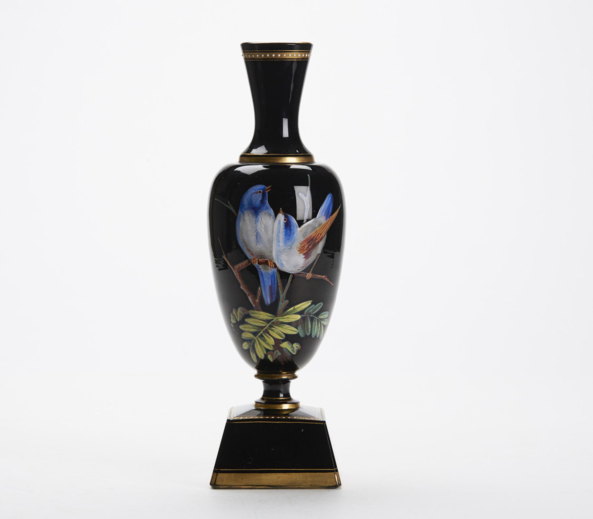 ANTIQUE BLACK GLASS VICTORIAN VASE WITH BIRDS 19TH C.