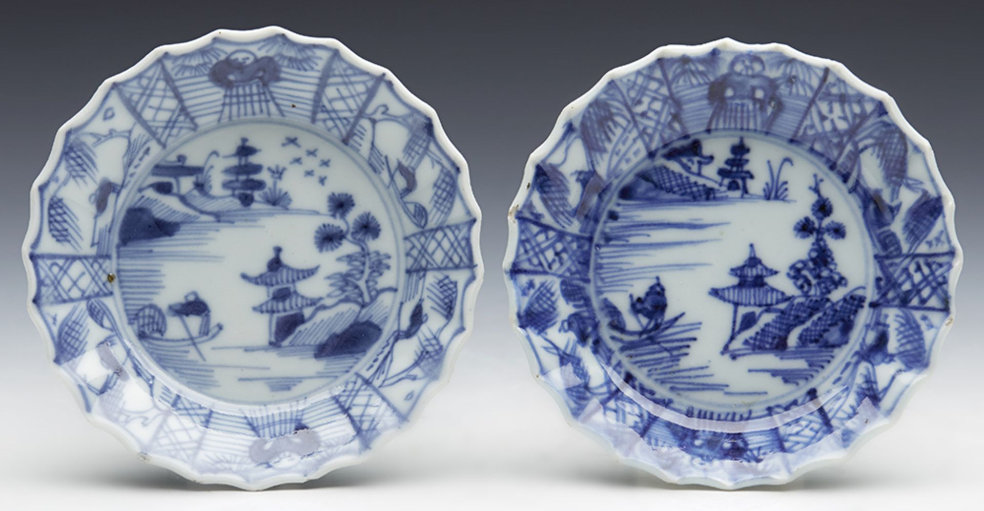 PAIR ANTIQUE CHINESE QIANLONG PICKLE DISHES WITH WATERY LANDSCAPES 18TH C.