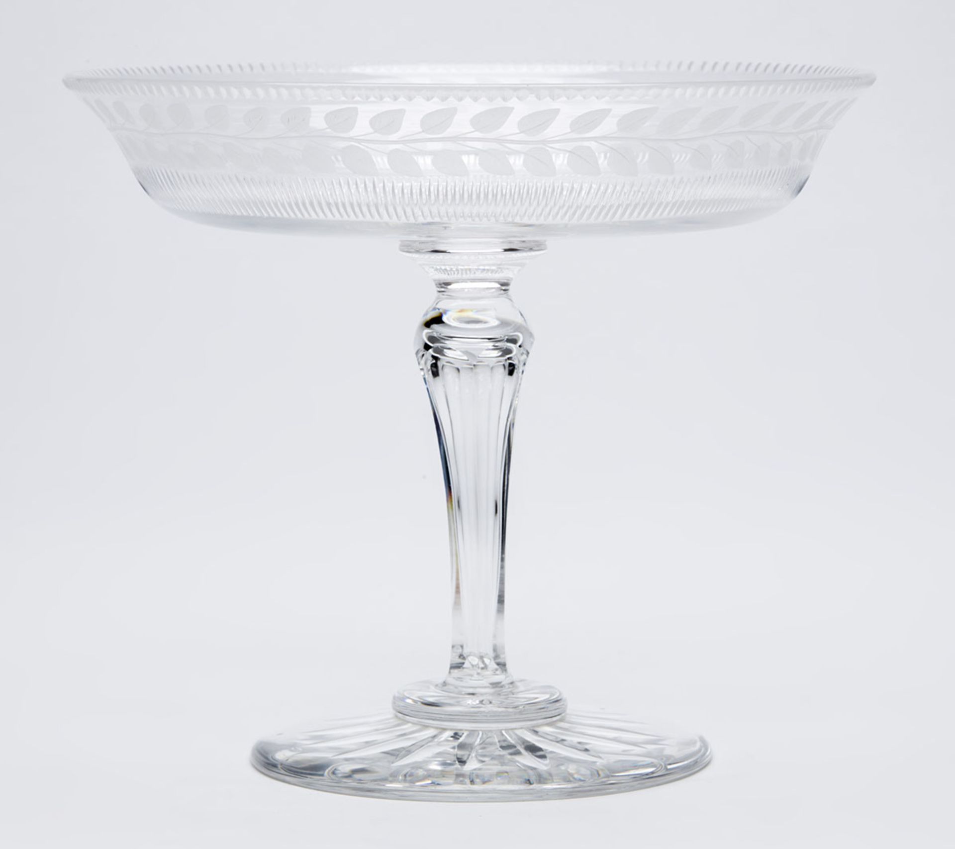 ANTIQUE GARLAND ENGRAVED GLASS TAZZA 19TH C.