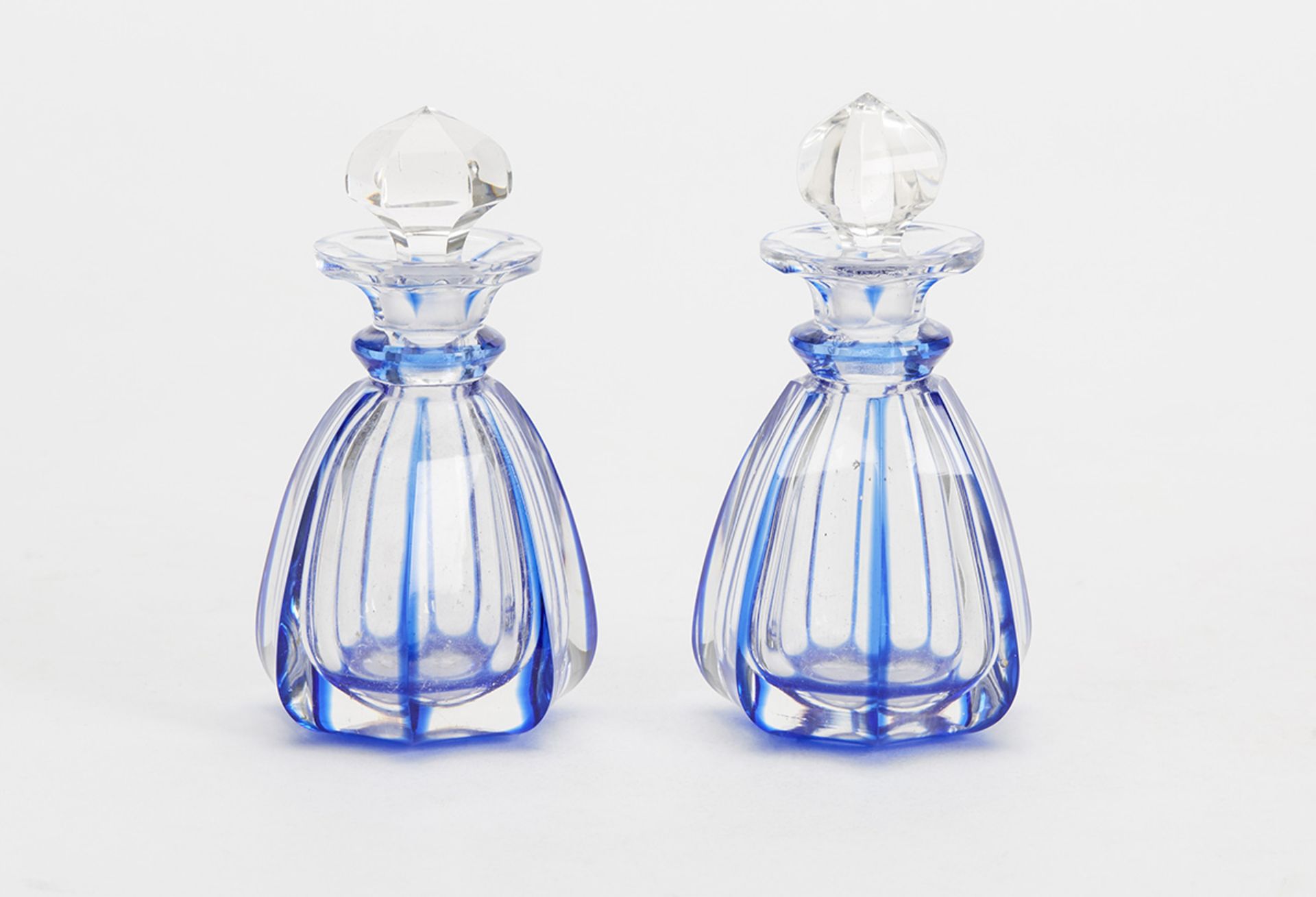 ANTIQUE PAIR BLUE OVERLAY GLASS SCENT BOTTLES c.1900