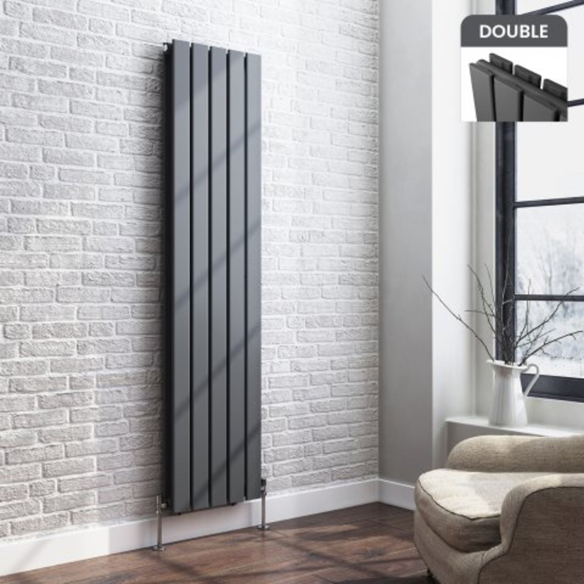 (I43) 1600x376mm Anthracite Double Flat Panel Vertical Radiator - Thera Range. RRP £399.99. Designer