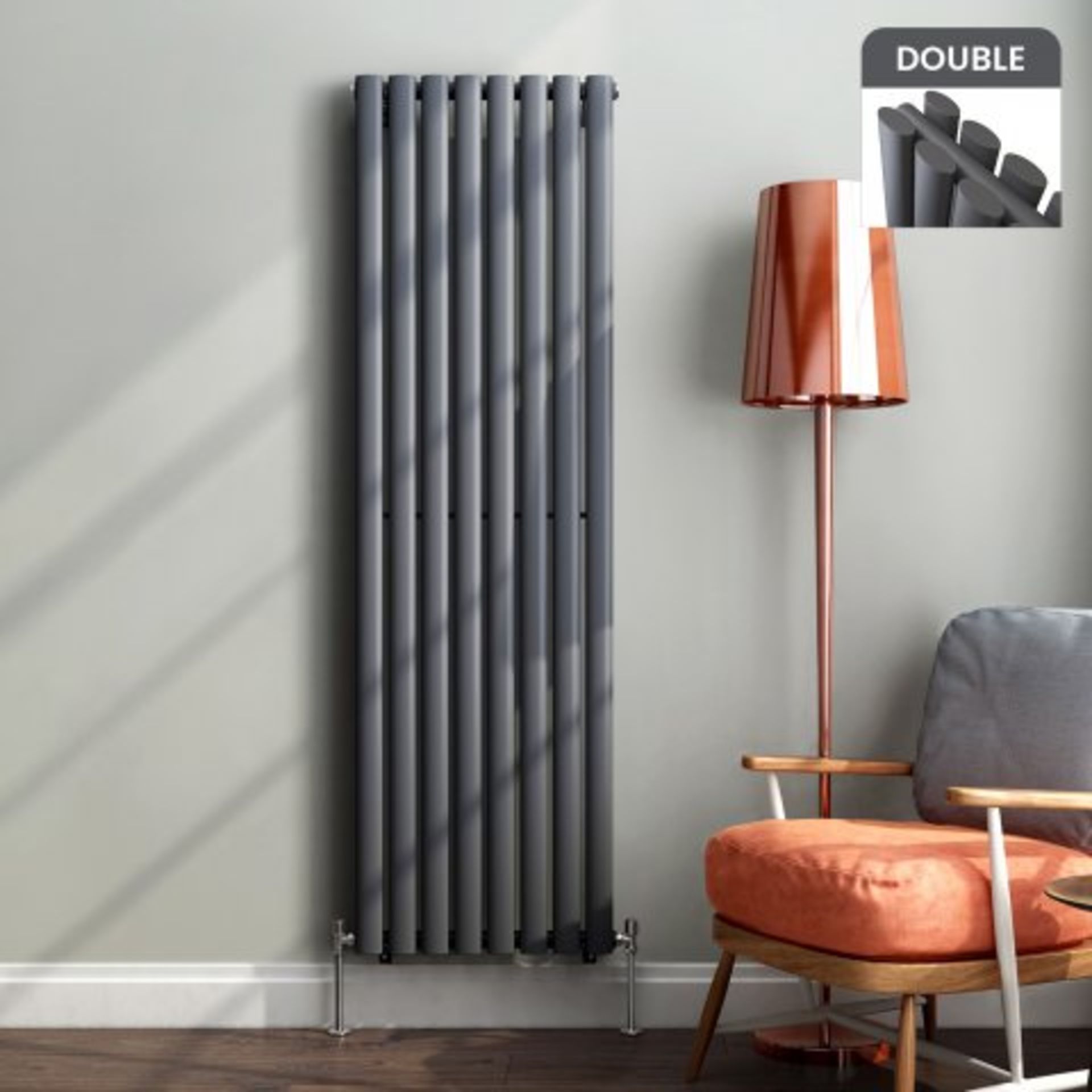 (I75) 1600x480mm Anthracite Double Oval Tube Vertical Radiator - Ember Premium. RRP £303.99.