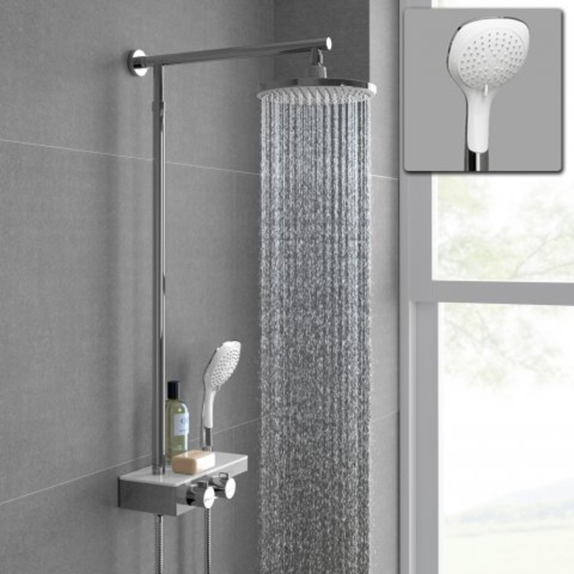 (I27) 220mm Round White & Chrome Head Thermostatic Exposed Shower Kit, Handheld & Storage Shelf. RRP