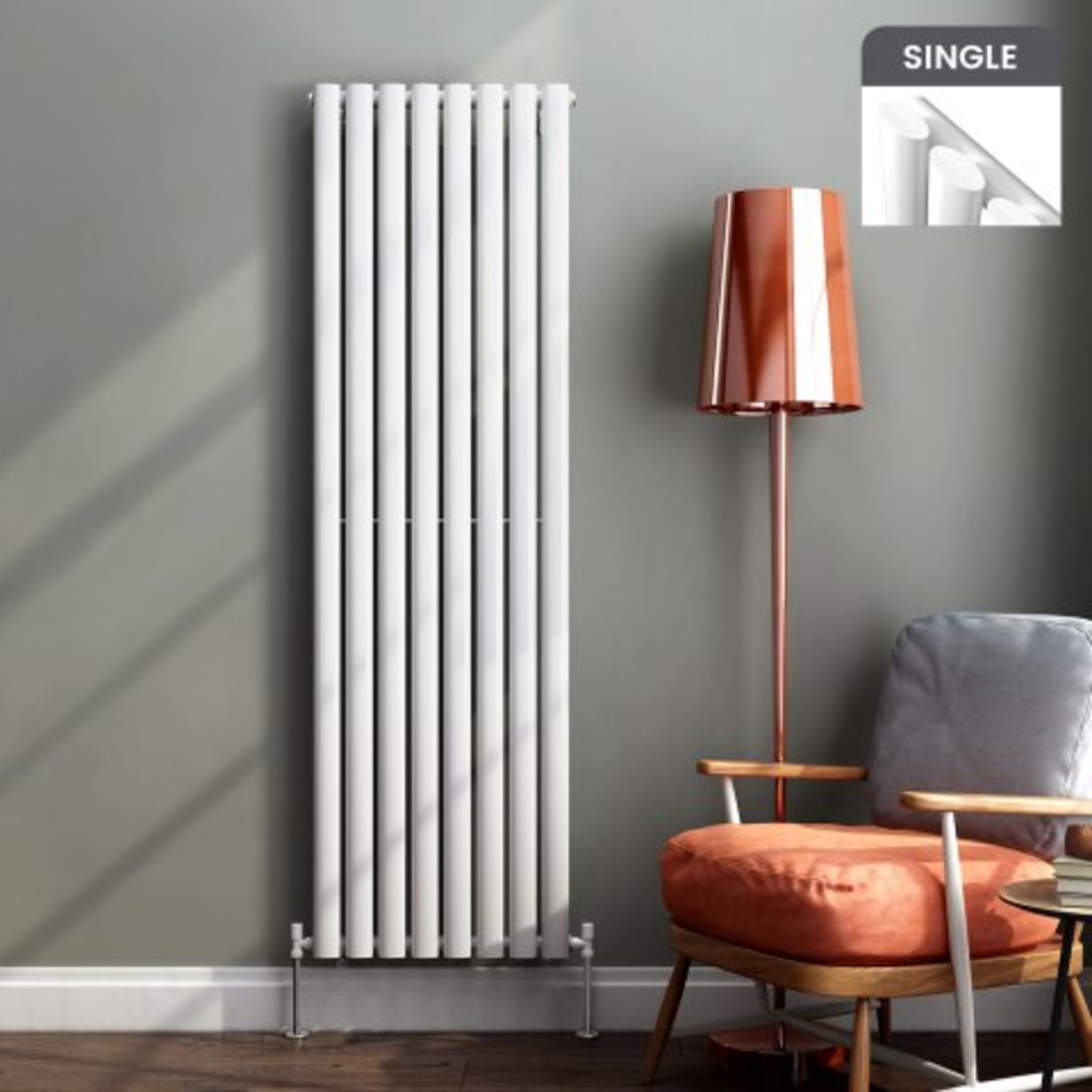 (I121) 1600x480mm Gloss White Single Oval Tube Vertical Radiator - Ember Premium. RRP £299.99.