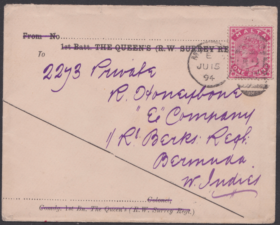 MALTA / BERMUDA 1894 - Printed soldiers envelope with "1st Batt. THE QUEEN'S (R.W. SURREY REGT)