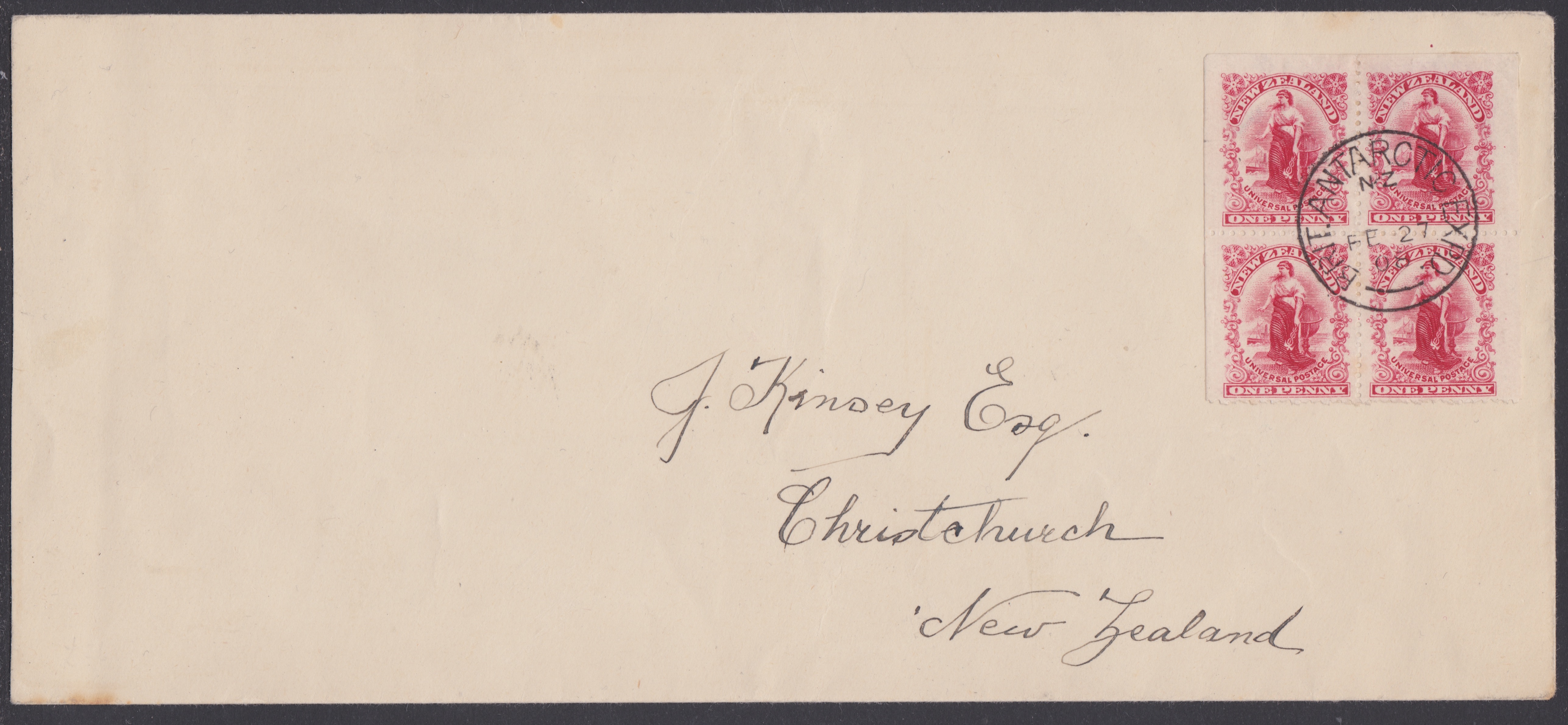 ANTARCTICA 1908 Feb 27 - Long cover to J. Kinsey in Christchurch, the agent for the Shackleton