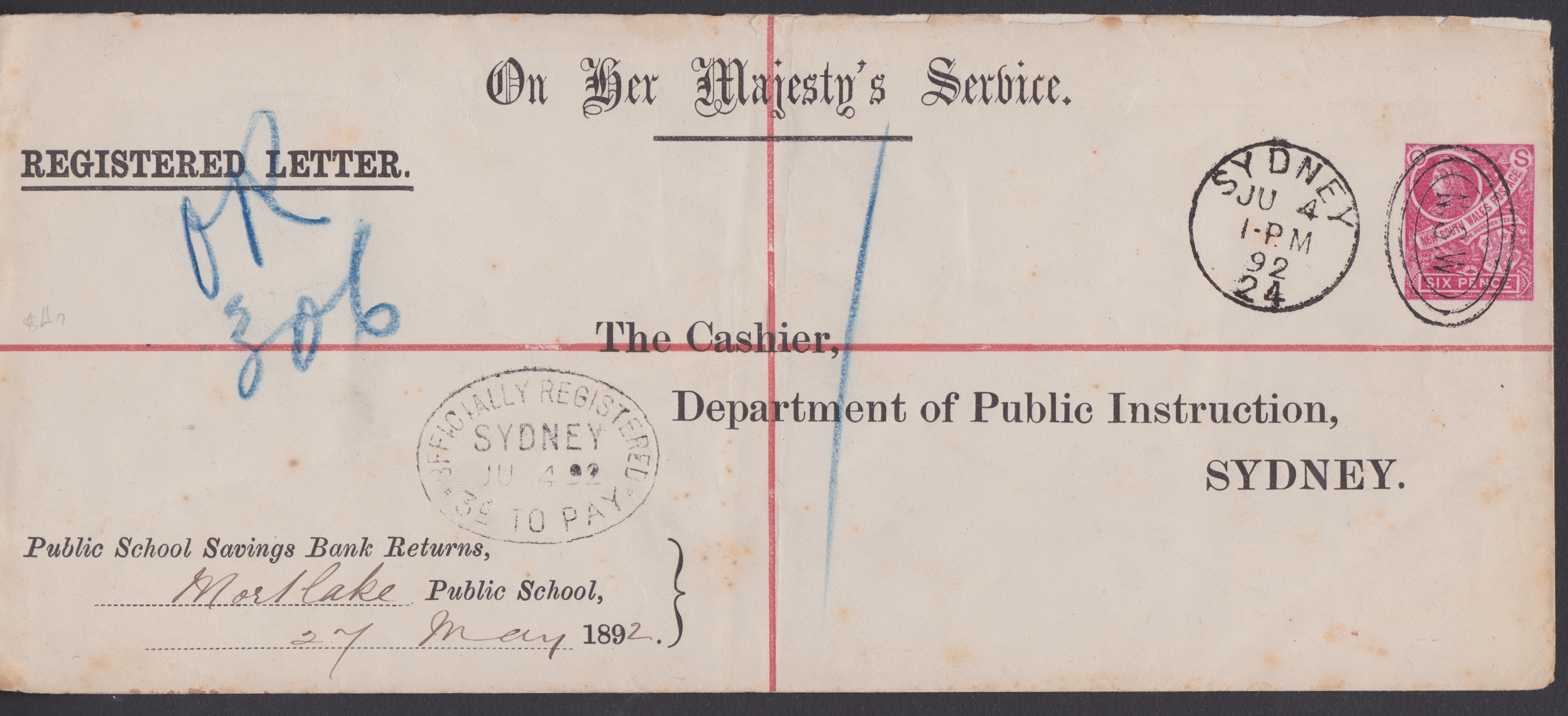 NEW SOUTH WALES 1892 - 6d OHMS postal stationery registration envelope from the Savings bank at