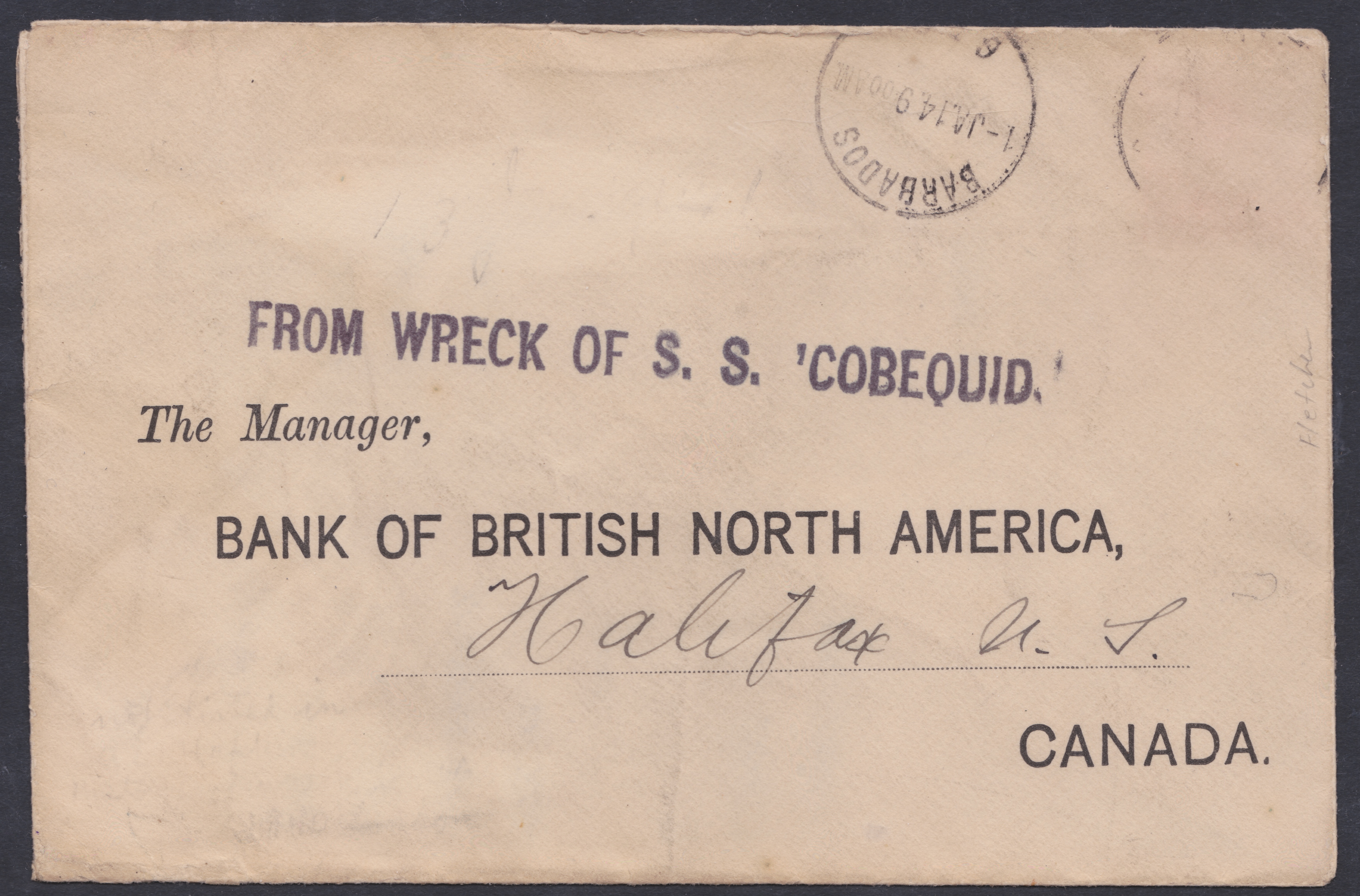 BARBADOS / WRECK MAIL 1914 (Jan 1) - Cover from Barbados to Halifax, Nova Scotia, the stamp washed