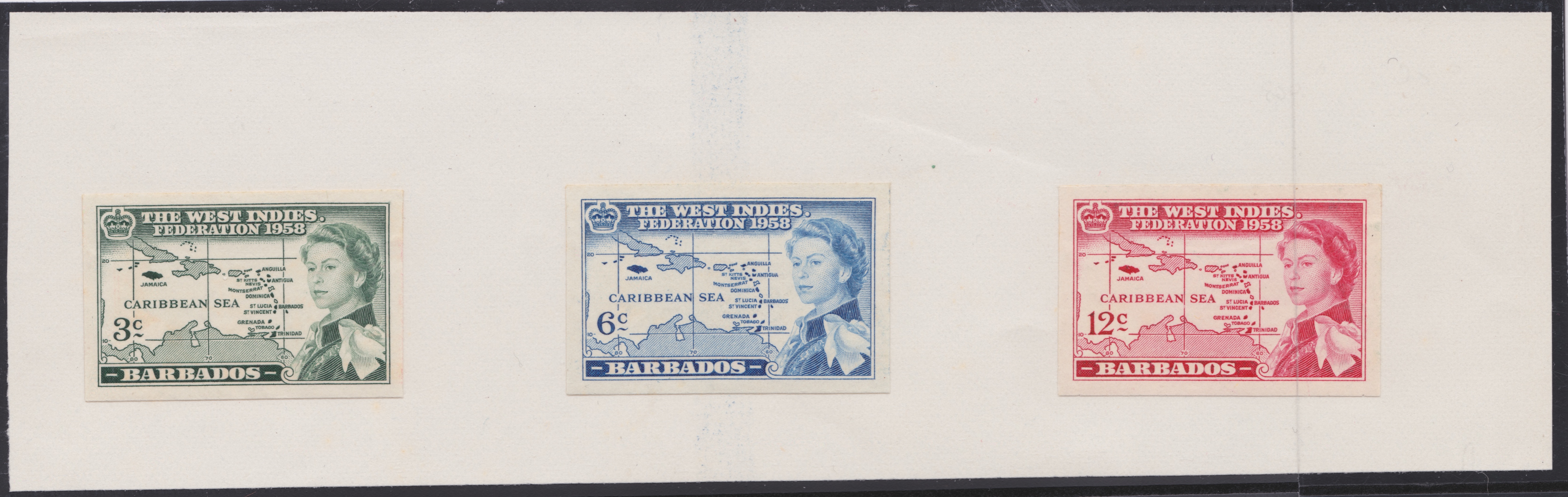 BARBADOS 1958 - Inauguration of British Caribbean Federation, imperforate proofs of the set of three