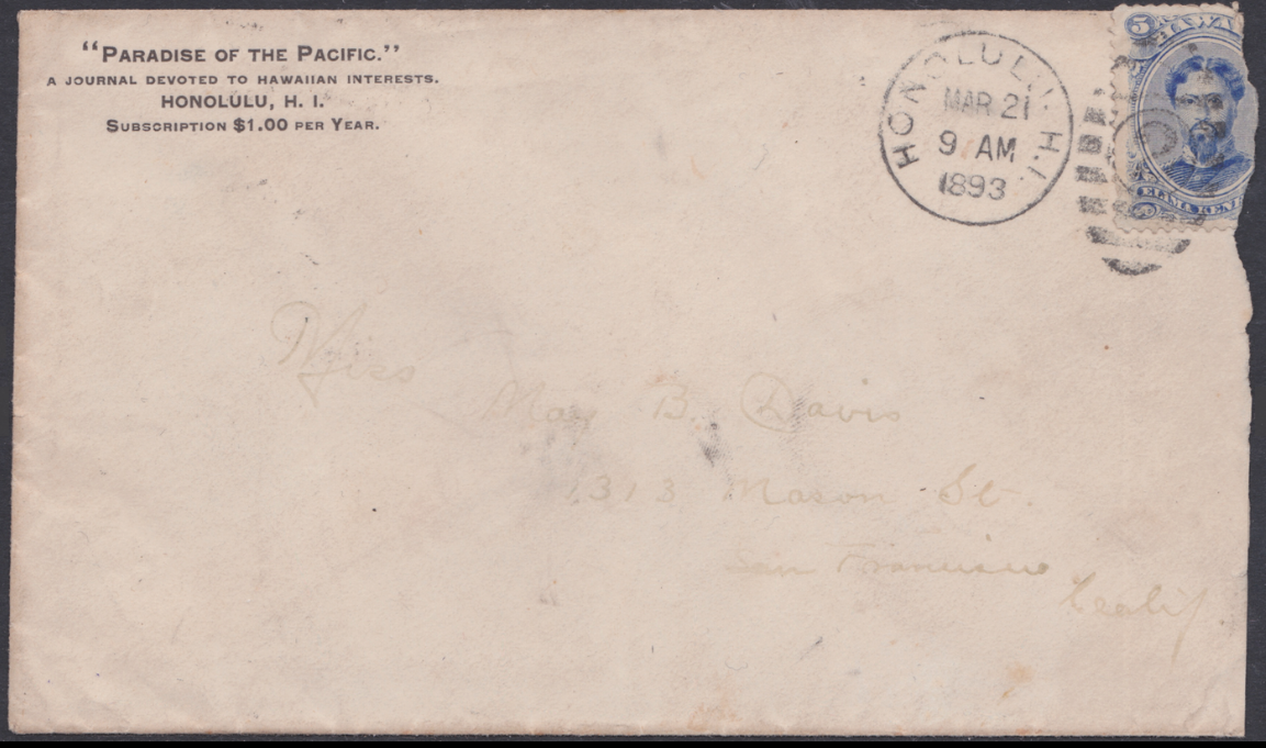 GILBERT & ELLICE ISLANDS - FANNING ISLAND / HAWAII 1893 - Envelope posted from Honolulu (Mar 21)