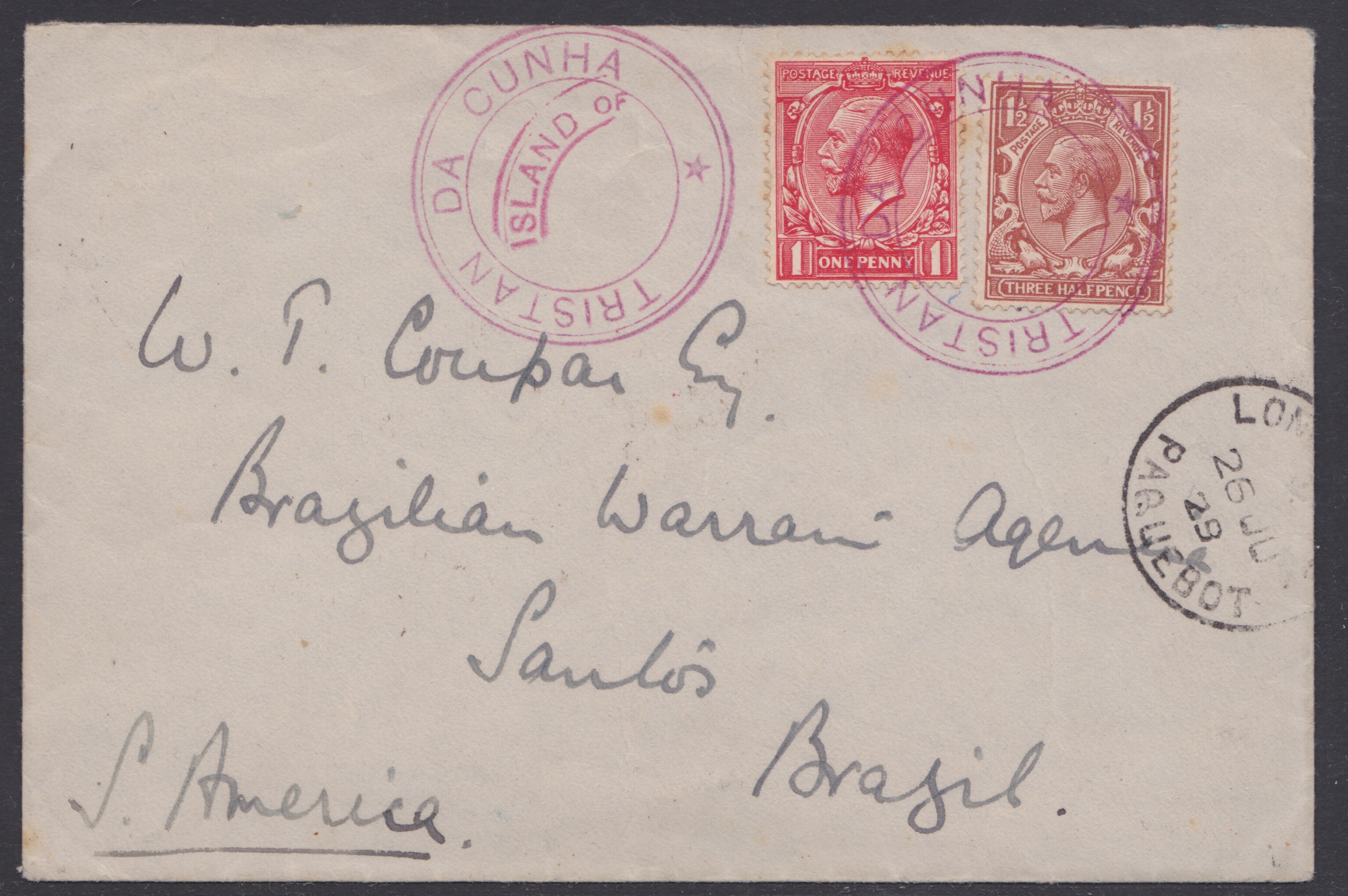 TRISTAN DA CUNHA 1929 - Cover to Brazil bearing GB 1d and 1.1/2d cancelled by type IV "TRISTAN DA