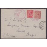 TRISTAN DA CUNHA 1929 - Cover to Brazil bearing GB 1d and 1.1/2d cancelled by type IV "TRISTAN DA