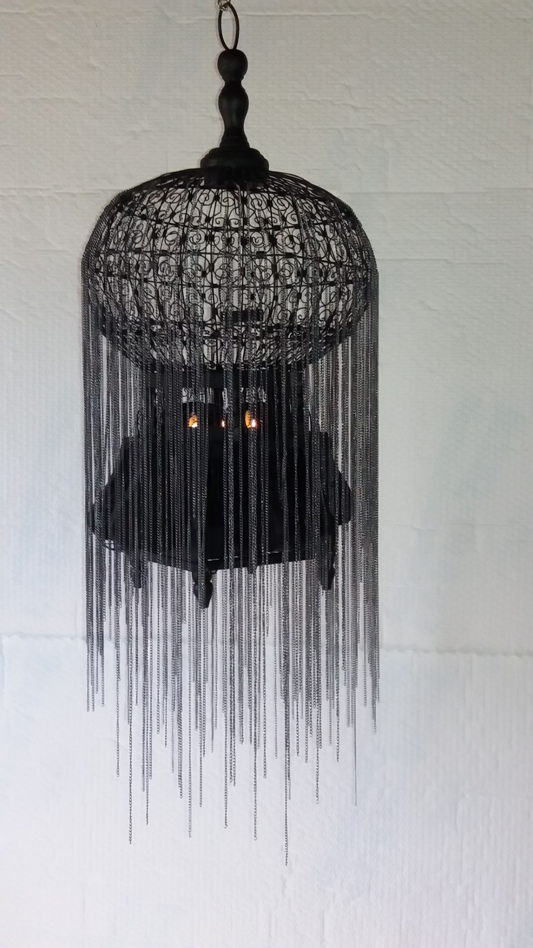 Birdcage Lantern Arabic design with flowing chains comes with free led Black candles.