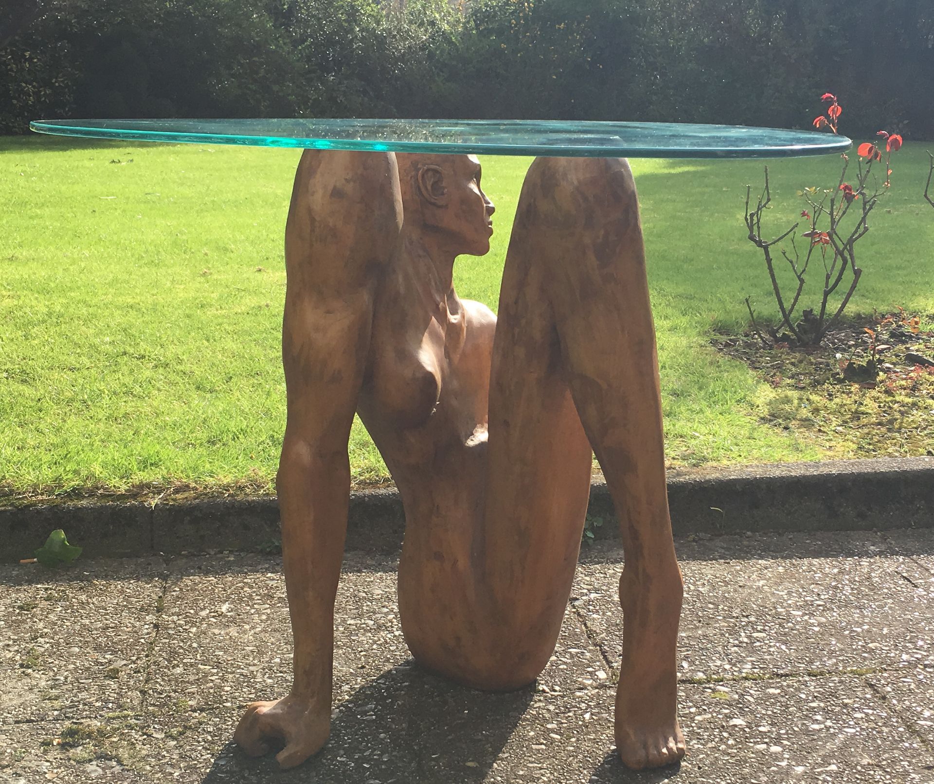 Carved Wood figurative sculptural table, 76 x 54 cms, with rounded triangular glass top - Image 6 of 12