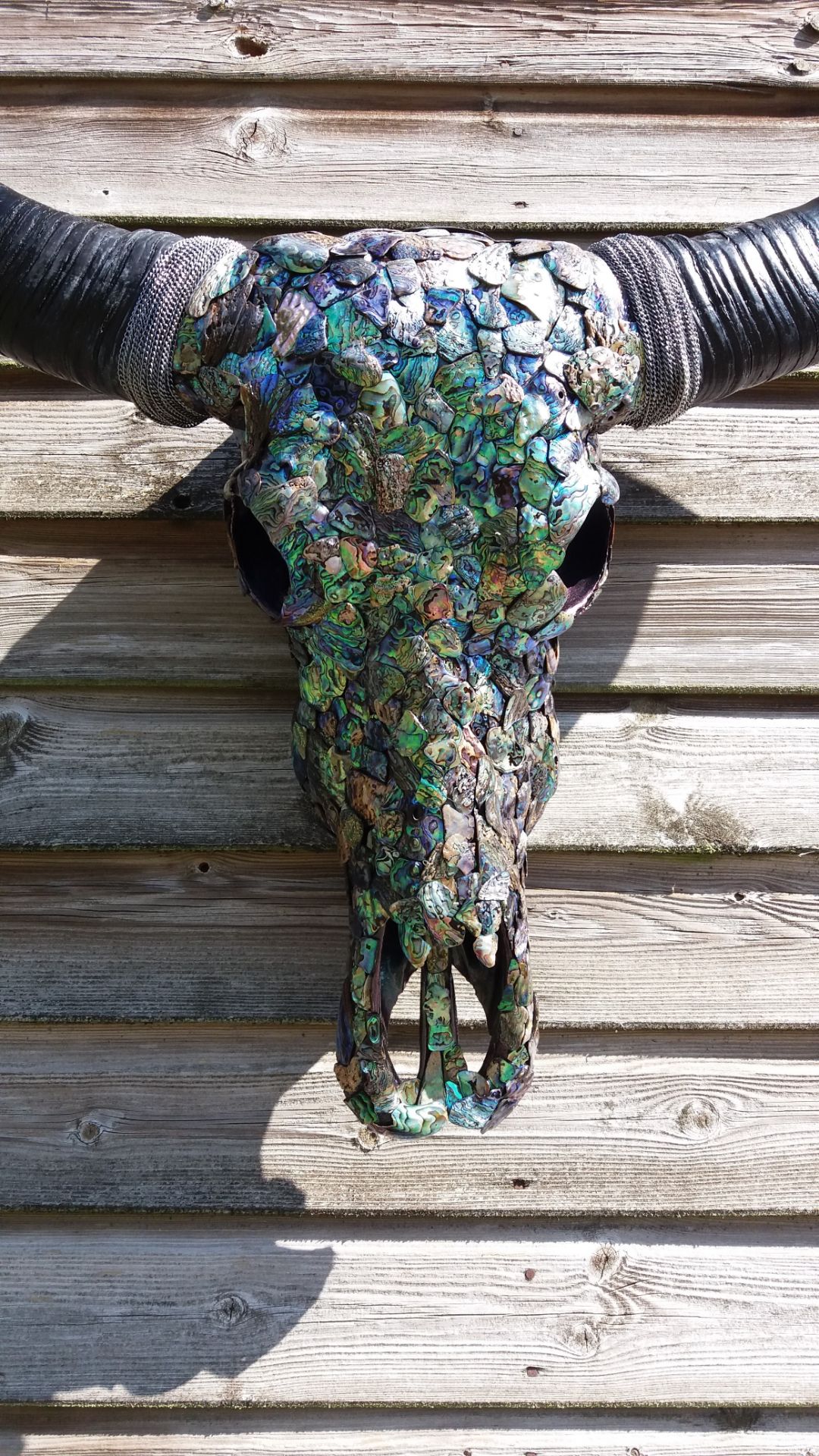 Peace Warrior Beautiful Mother of pearl mosiac on an amazing water buffalo skull sculpture - Image 2 of 10