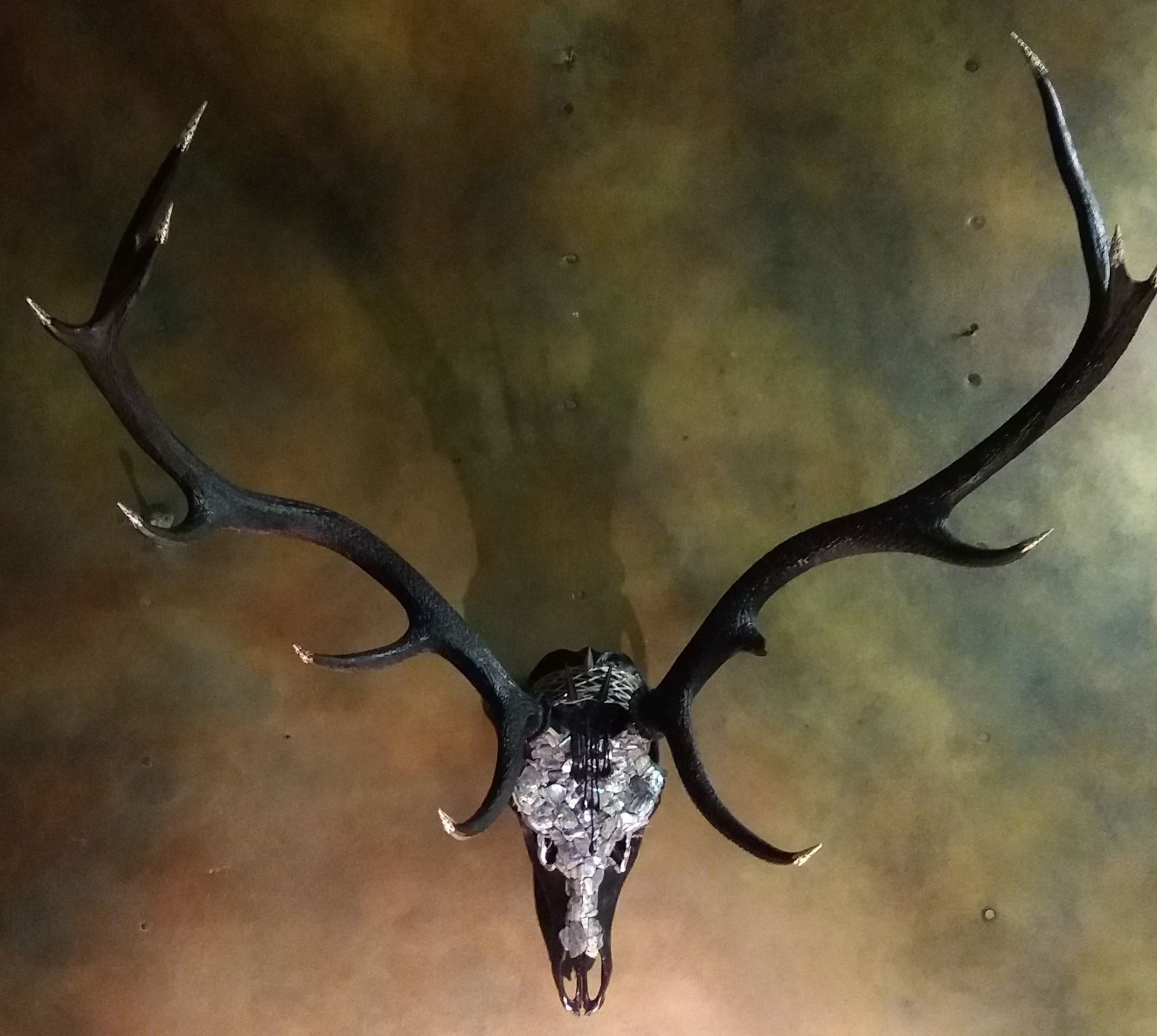 Hearne the Huntress 12 point Stags head sculpture mother of pearl mosaic matt black .