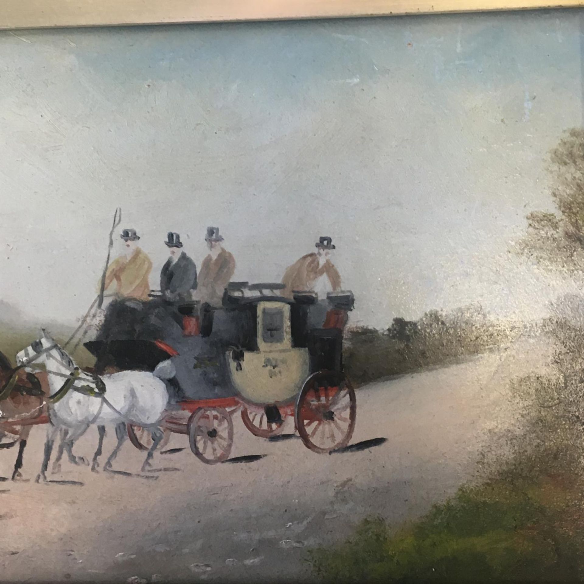 British School painting, a coaching scene with fox hounds, oils on board, 18cm x 38cm. Framed - - Image 3 of 6