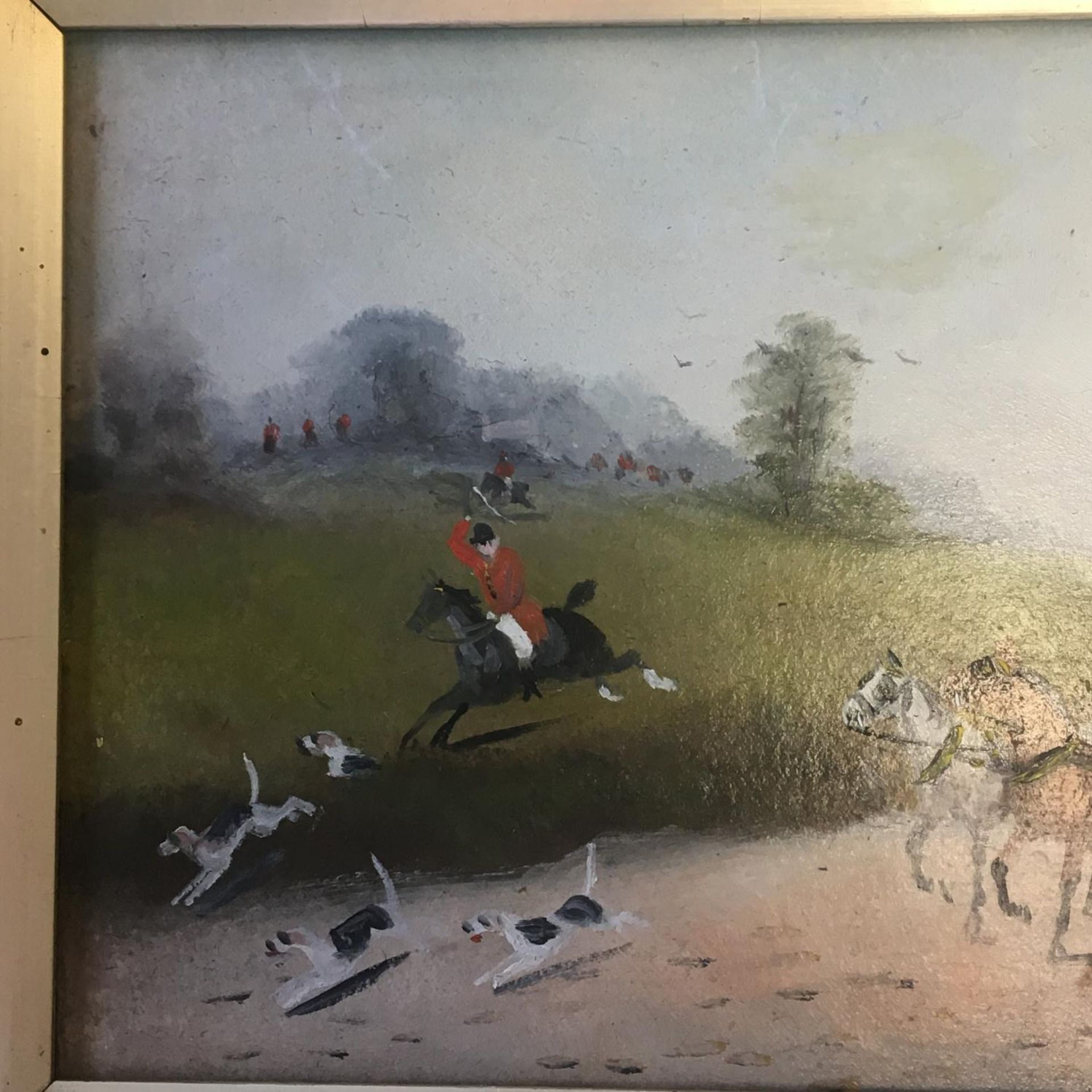 British School painting, a coaching scene with fox hounds, oils on board, 18cm x 38cm. Framed - - Image 5 of 6