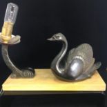VINTAGE FRENCH ART DECO MOOD LAMP. Featuring a swan signed Bruno on a marble base. Missing the globe